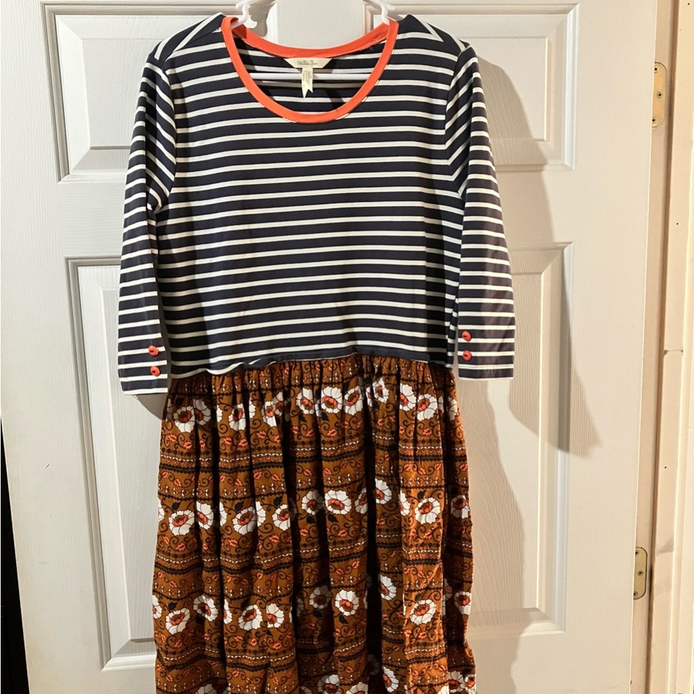 Matilda Jane Winsome Striped Floral Print Blue & Brown Dress Women's Size Large